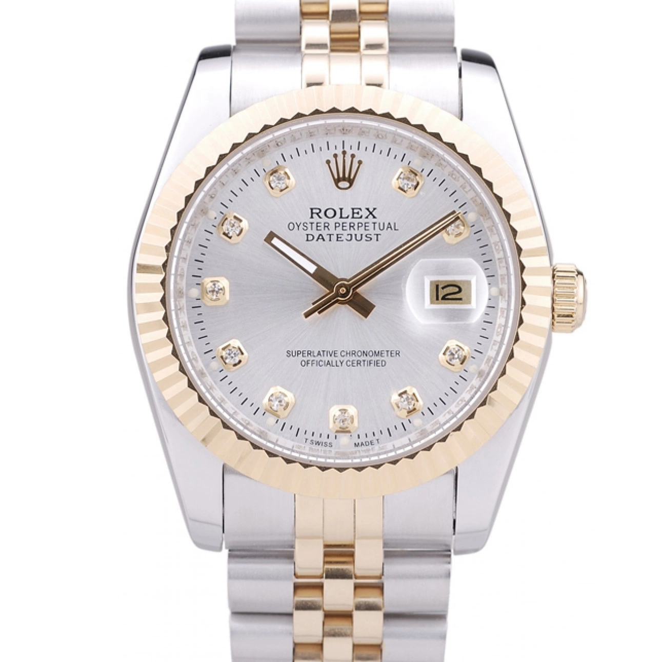 Aaa fake watches Ribbed Bezel Diamonds Datejust Silver 7454 Rolex Dial 0815